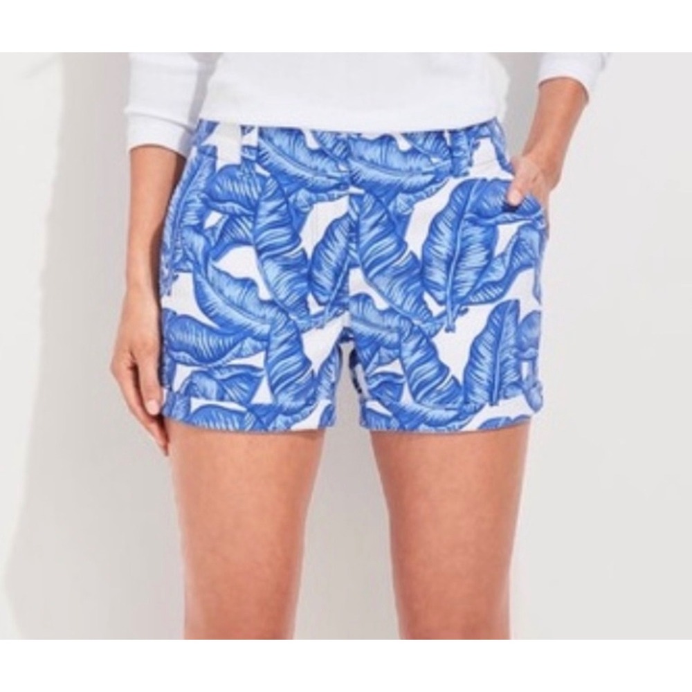 Vineyard Vines Shorts Women 4 Blue White Banana Leaf Tropical Chino Mid Rise